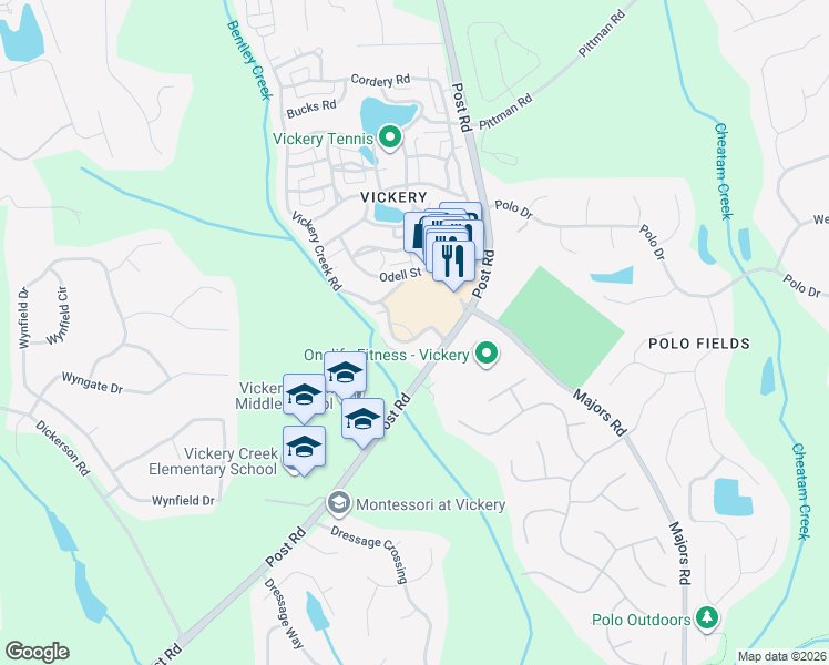 map of restaurants, bars, coffee shops, grocery stores, and more near 5920 Bond Street in Cumming