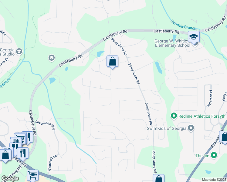 map of restaurants, bars, coffee shops, grocery stores, and more near 5245 Kings Common Way in Cumming
