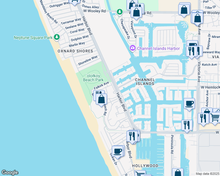 map of restaurants, bars, coffee shops, grocery stores, and more near 1913 Majorca Drive in Oxnard