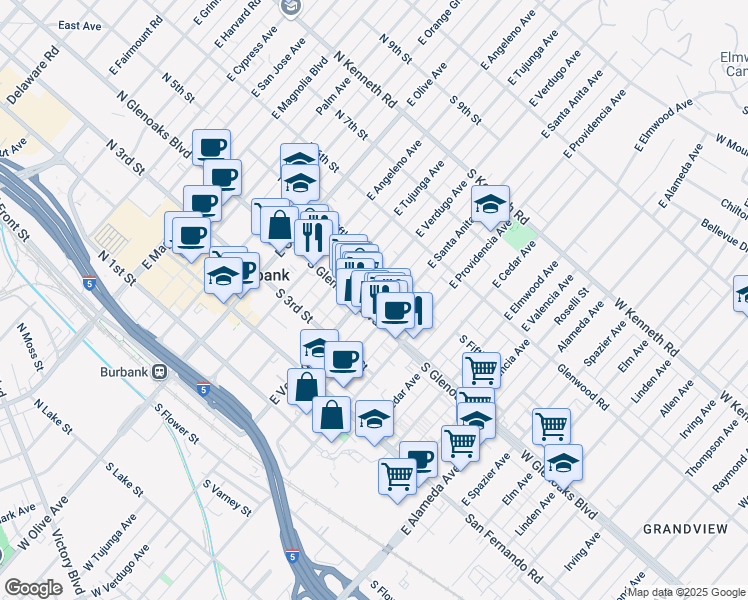 map of restaurants, bars, coffee shops, grocery stores, and more near 430 East Verdugo Avenue in Burbank