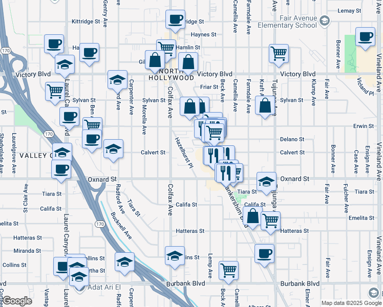 map of restaurants, bars, coffee shops, grocery stores, and more near 6036 Hazelhurst Place in Los Angeles