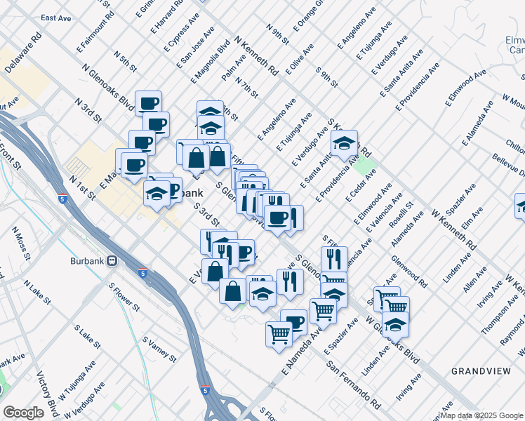 map of restaurants, bars, coffee shops, grocery stores, and more near 430 East Verdugo Avenue in Burbank