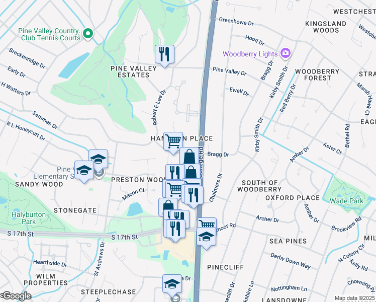map of restaurants, bars, coffee shops, grocery stores, and more near 735 Bragg Drive in Wilmington