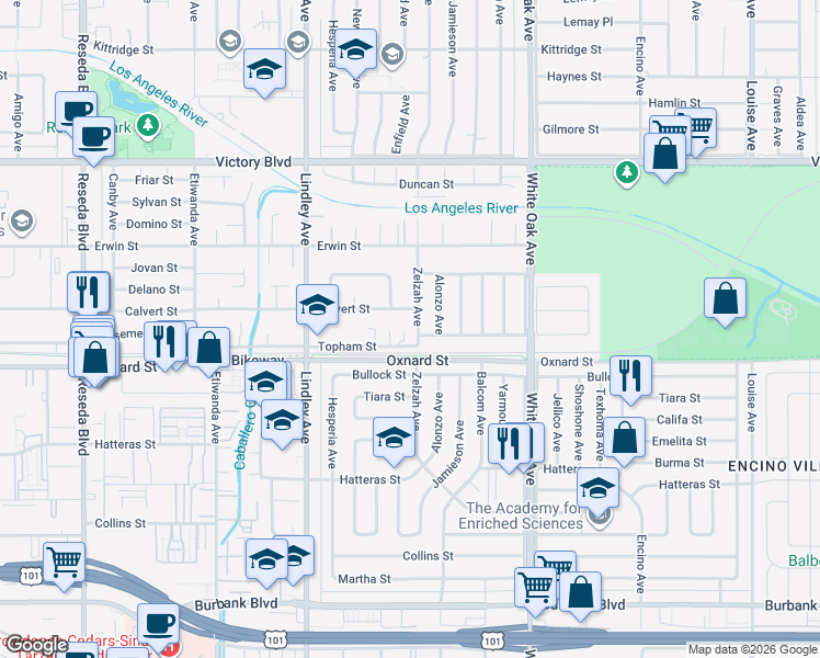 map of restaurants, bars, coffee shops, grocery stores, and more near 17860 Bessemer Street in Los Angeles