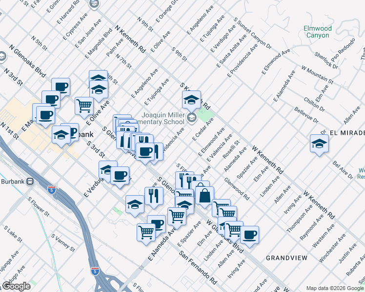 map of restaurants, bars, coffee shops, grocery stores, and more near 535 East Cedar Avenue in Burbank