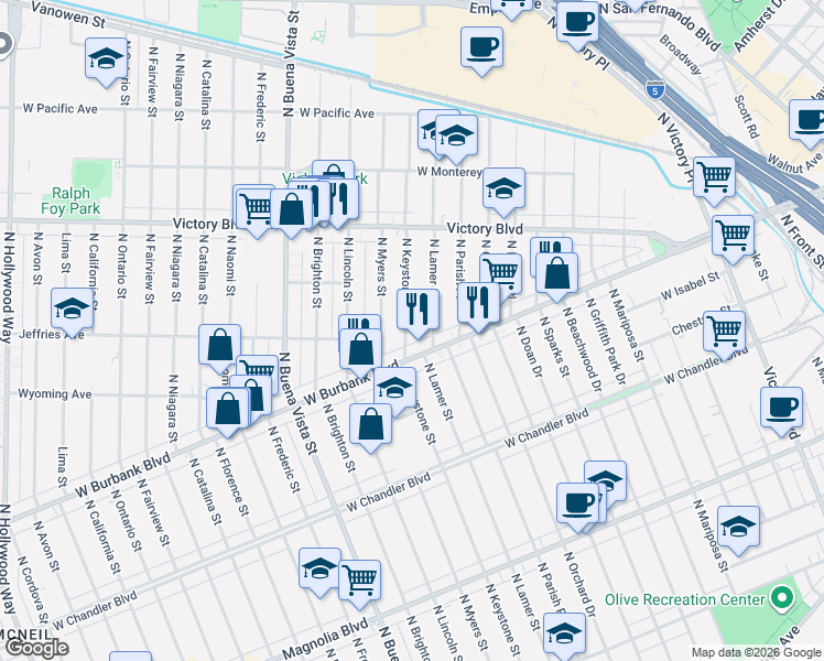 map of restaurants, bars, coffee shops, grocery stores, and more near 1206 North Keystone Street in Burbank