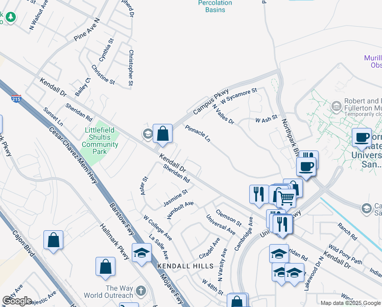 map of restaurants, bars, coffee shops, grocery stores, and more near 2196 Kendall Drive in San Bernardino
