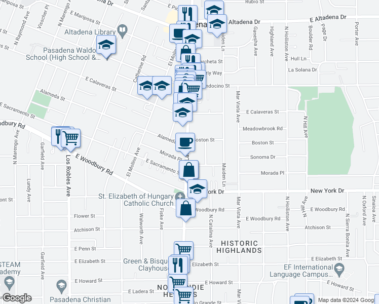map of restaurants, bars, coffee shops, grocery stores, and more near 931 Morada Place in Altadena