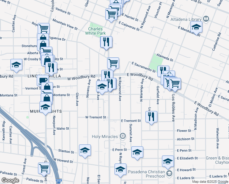 map of restaurants, bars, coffee shops, grocery stores, and more near 2034 North Fair Oaks Avenue in Pasadena