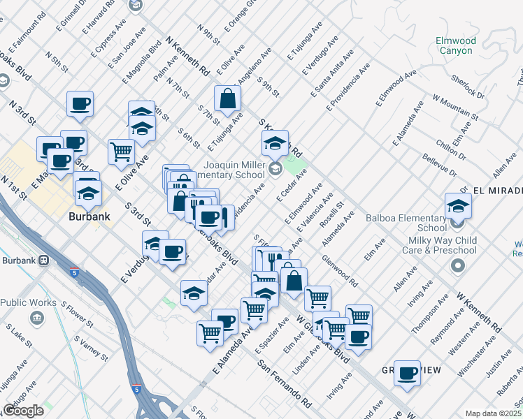 map of restaurants, bars, coffee shops, grocery stores, and more near 507 East Cedar Avenue in Burbank