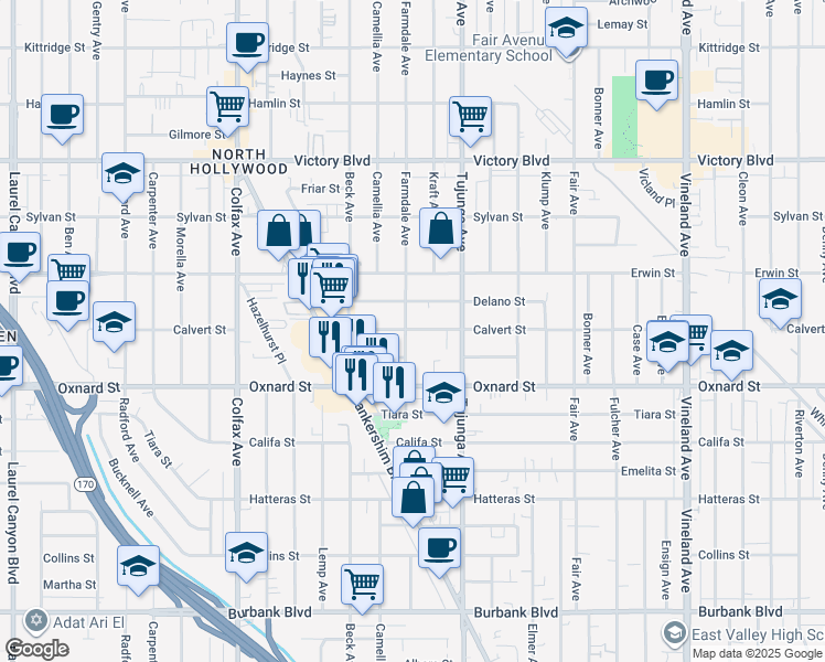 map of restaurants, bars, coffee shops, grocery stores, and more near 11471 Bessemer Street in Los Angeles