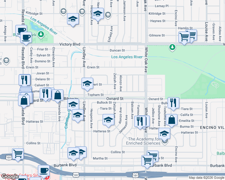 map of restaurants, bars, coffee shops, grocery stores, and more near 17933 Topham Street in Los Angeles