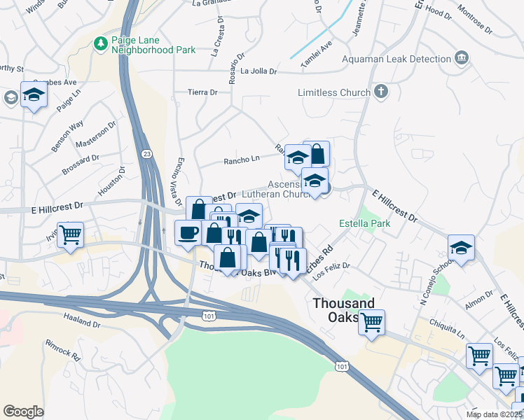 map of restaurants, bars, coffee shops, grocery stores, and more near 1382 East Hillcrest Drive in Thousand Oaks