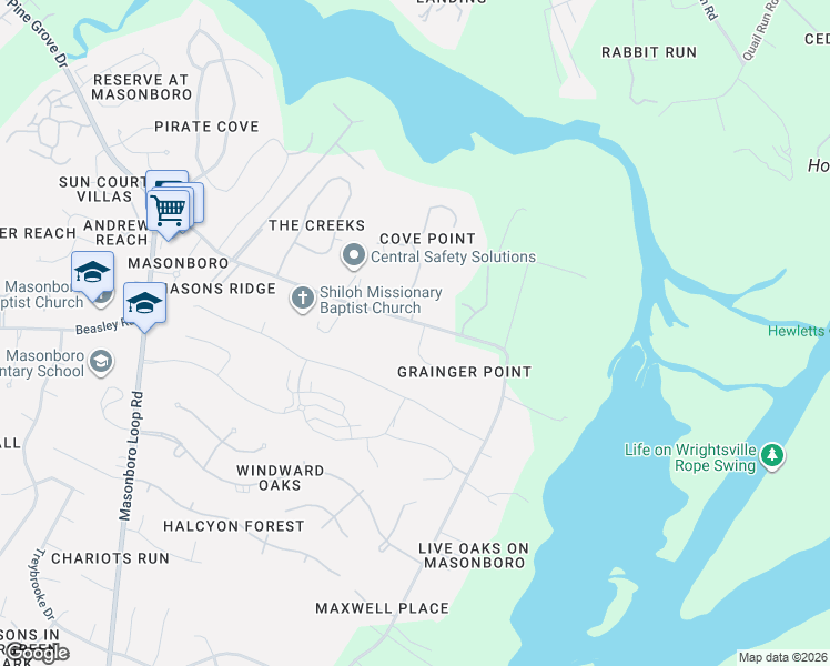 map of restaurants, bars, coffee shops, grocery stores, and more near 108 Grainger Point Rd in Wilmington