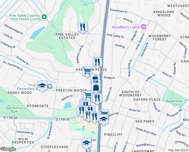 map of restaurants, bars, coffee shops, grocery stores, and more near 3500 South College Road in Wilmington