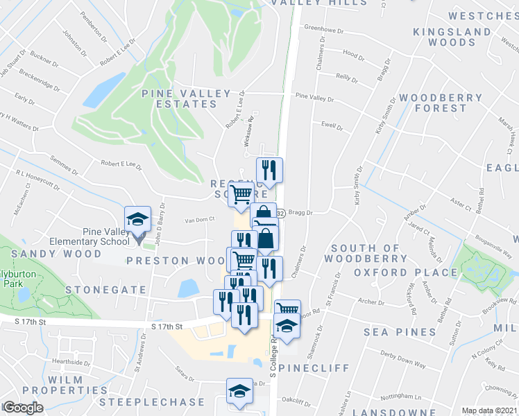 map of restaurants, bars, coffee shops, grocery stores, and more near 3500 South College Road in Wilmington
