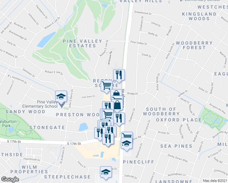 map of restaurants, bars, coffee shops, grocery stores, and more near 3500 South College Road in Wilmington