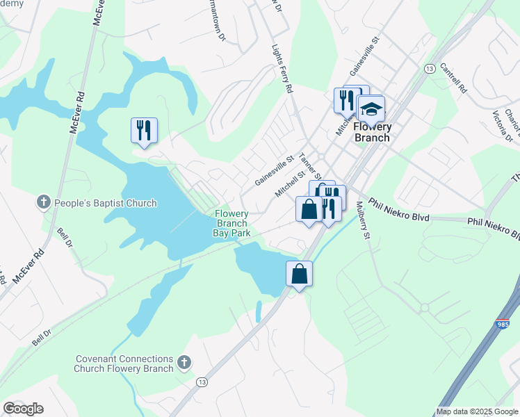 map of restaurants, bars, coffee shops, grocery stores, and more near 6109 Mitchell Street in Flowery Branch