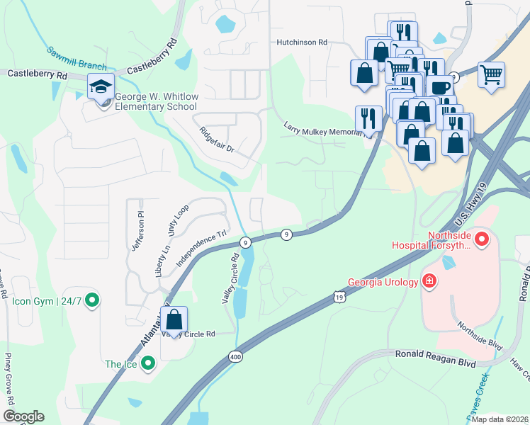 map of restaurants, bars, coffee shops, grocery stores, and more near 955 Firethorne Pass in Cumming