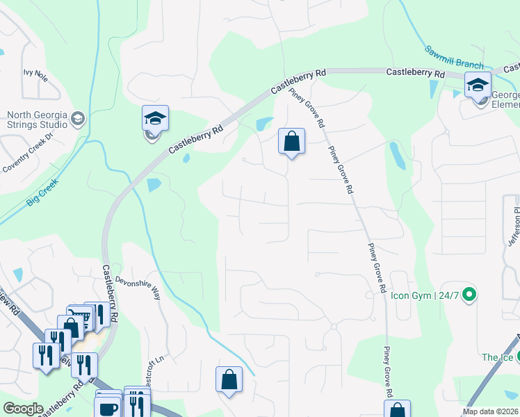 map of restaurants, bars, coffee shops, grocery stores, and more near 5350 Hidden Hall Road in Cumming
