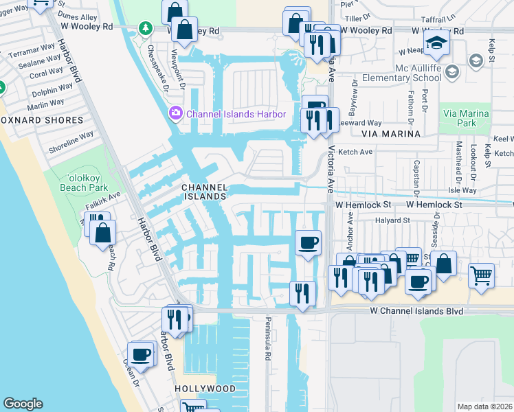 map of restaurants, bars, coffee shops, grocery stores, and more near 2061 Peninsula Road in Oxnard