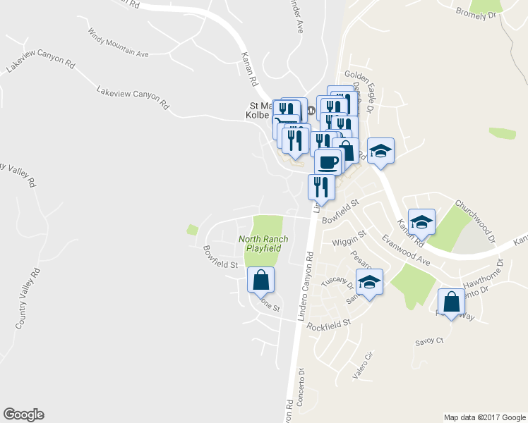 map of restaurants, bars, coffee shops, grocery stores, and more near 1002 Cherry Creek Circle in Westlake Village