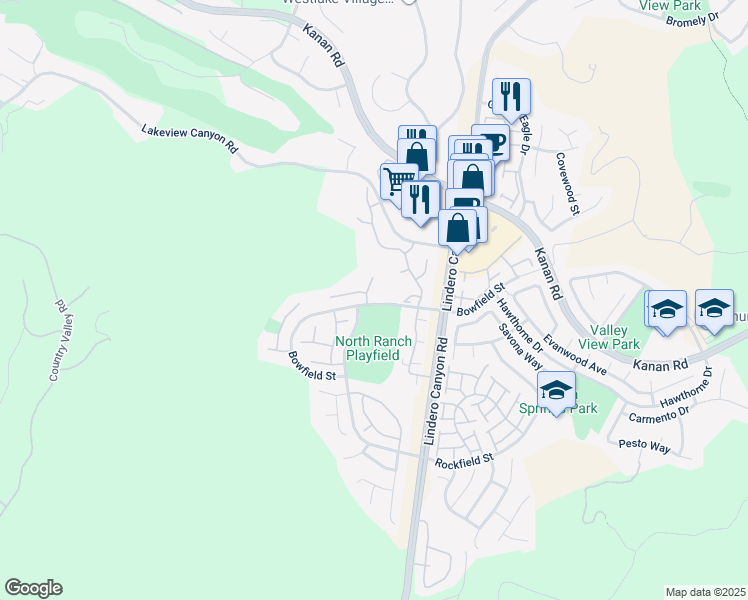 map of restaurants, bars, coffee shops, grocery stores, and more near 1002 Cherry Creek Circle in Westlake Village
