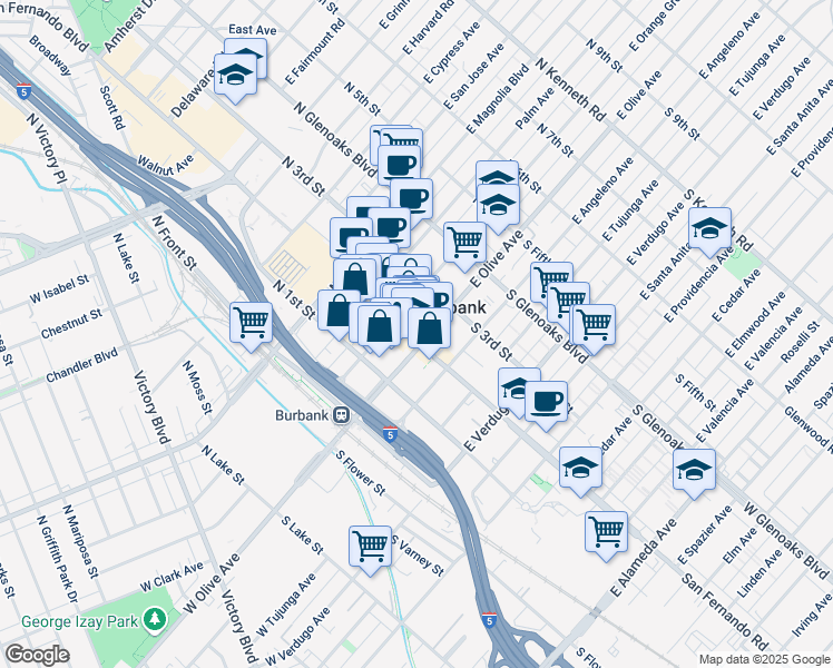 map of restaurants, bars, coffee shops, grocery stores, and more near 112 North San Fernando Boulevard in Burbank