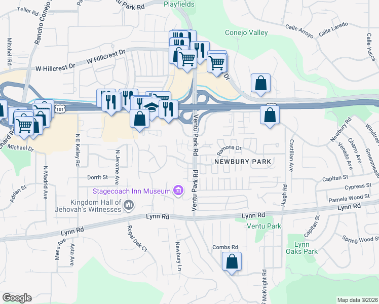 map of restaurants, bars, coffee shops, grocery stores, and more near 1510 Silver Shadow Drive in Thousand Oaks