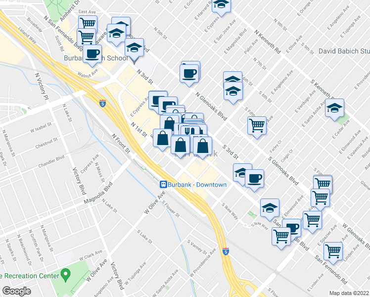 map of restaurants, bars, coffee shops, grocery stores, and more near in Burbank