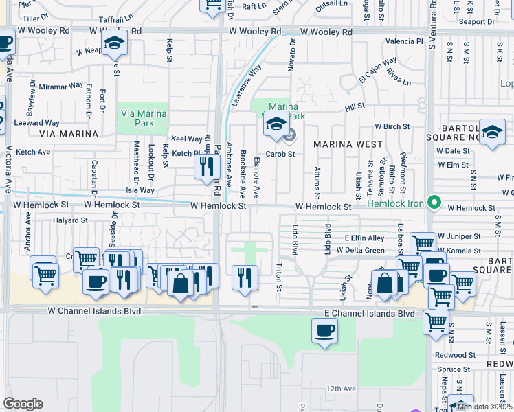 map of restaurants, bars, coffee shops, grocery stores, and more near 2600 West Hemlock Street in Port Hueneme