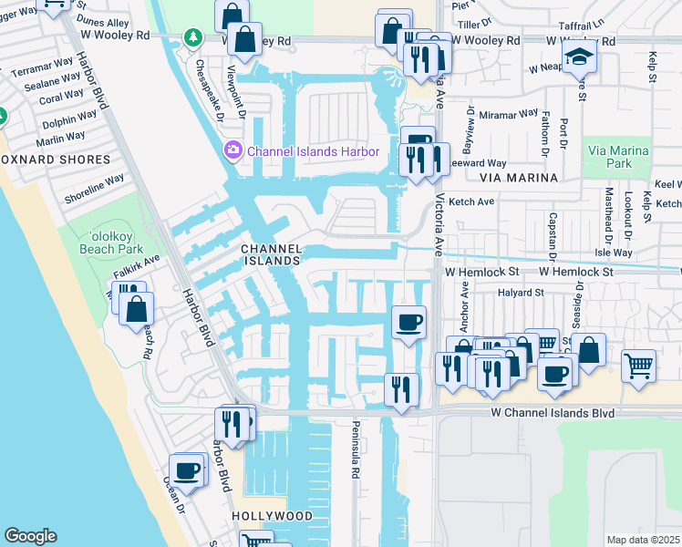 map of restaurants, bars, coffee shops, grocery stores, and more near 2001 Peninsula Road in Oxnard