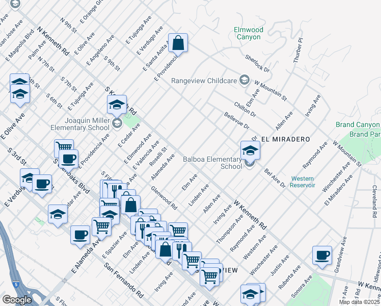 map of restaurants, bars, coffee shops, grocery stores, and more near 1313 Spazier Avenue in Glendale