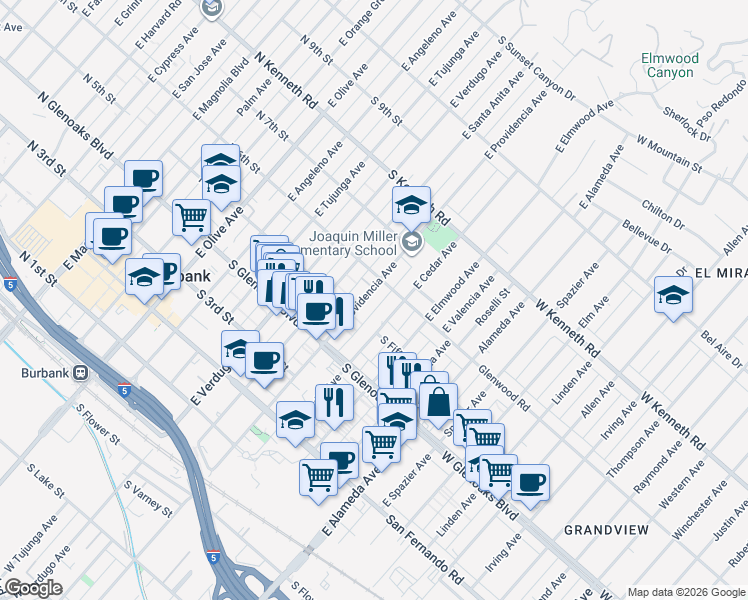 map of restaurants, bars, coffee shops, grocery stores, and more near 550 East Providencia Avenue in Burbank