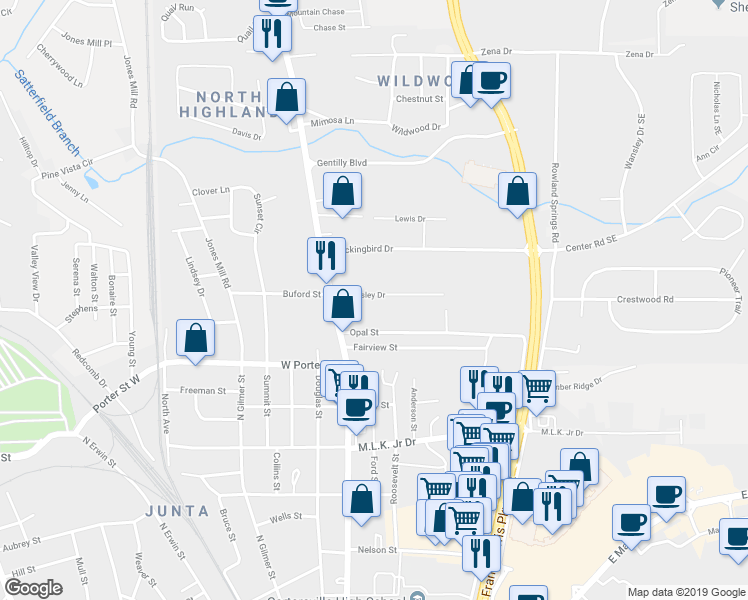 map of restaurants, bars, coffee shops, grocery stores, and more near 13 Townsley Drive in Cartersville