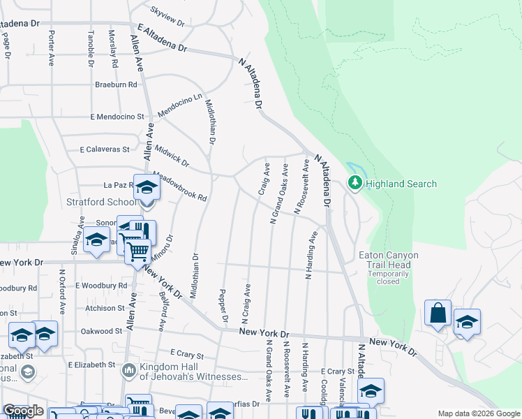 map of restaurants, bars, coffee shops, grocery stores, and more near 2306 Glen Canyon Road in Altadena