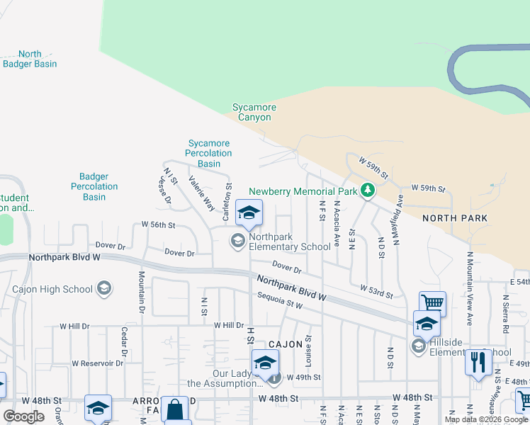 map of restaurants, bars, coffee shops, grocery stores, and more near 5705 North Crescent Street in San Bernardino