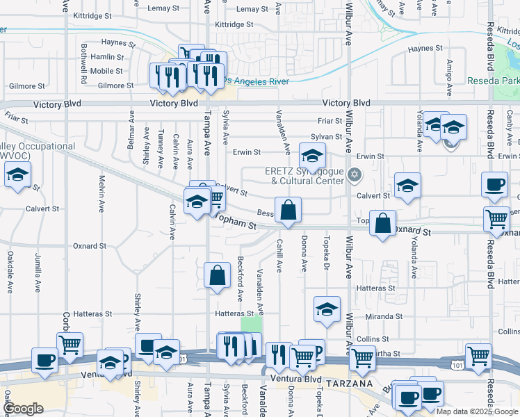 map of restaurants, bars, coffee shops, grocery stores, and more near 19153 Bessemer Street in Los Angeles