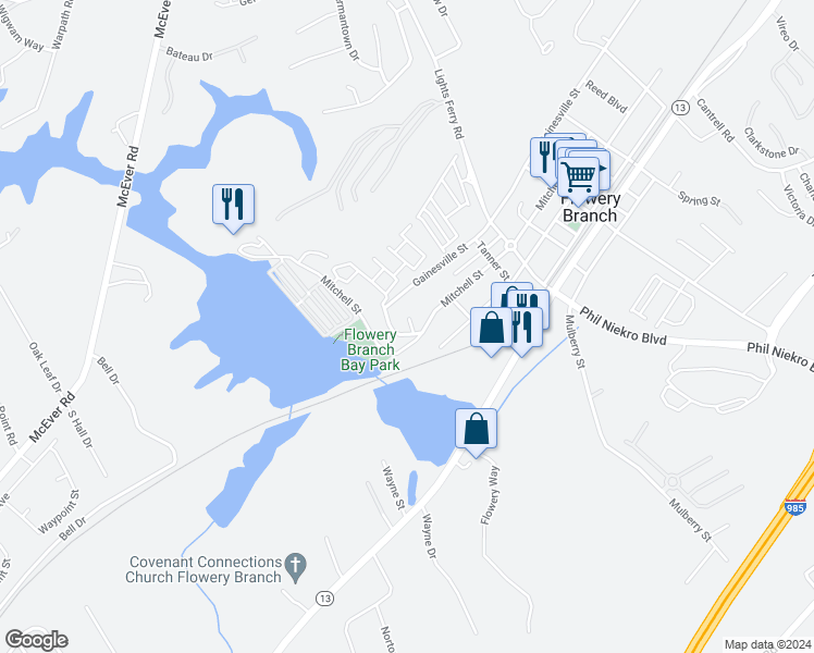 map of restaurants, bars, coffee shops, grocery stores, and more near 6127 Lorimar Court in Flowery Branch