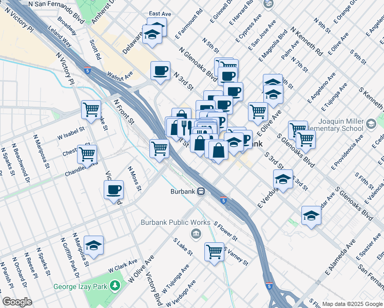map of restaurants, bars, coffee shops, grocery stores, and more near 40 Palm Avenue in Burbank