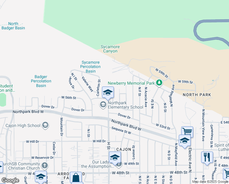 map of restaurants, bars, coffee shops, grocery stores, and more near 5705 North Crescent Street in San Bernardino