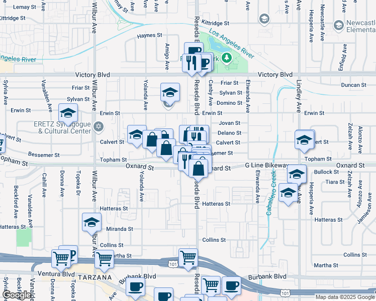 map of restaurants, bars, coffee shops, grocery stores, and more near 18530 West Oxnard Street in Los Angeles