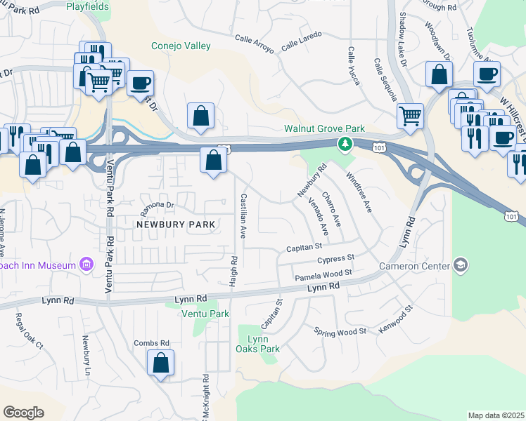 map of restaurants, bars, coffee shops, grocery stores, and more near 232 North Marcello Avenue in Thousand Oaks