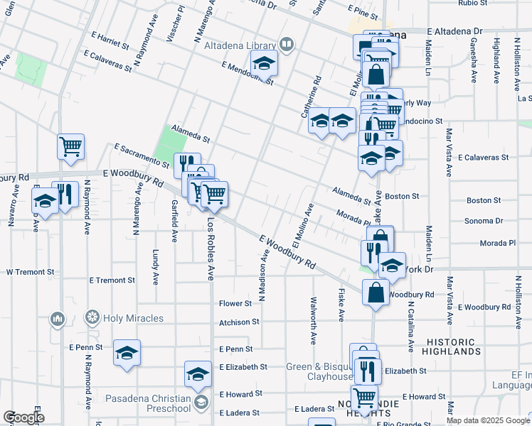 map of restaurants, bars, coffee shops, grocery stores, and more near 2025 Lovila Lane in Altadena