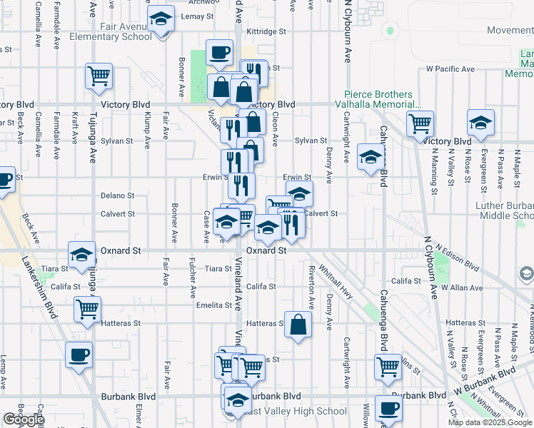 map of restaurants, bars, coffee shops, grocery stores, and more near 6058 Craner Avenue in Los Angeles