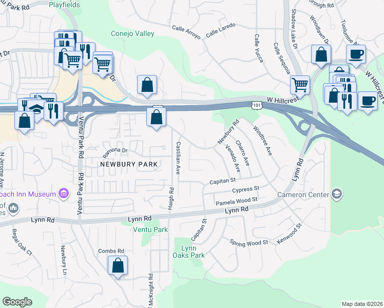 map of restaurants, bars, coffee shops, grocery stores, and more near 232 North Marcello Avenue in Thousand Oaks