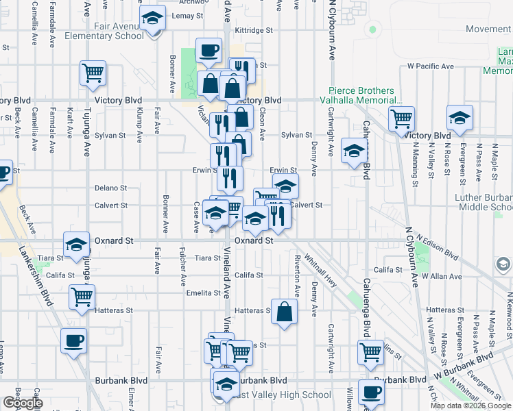 map of restaurants, bars, coffee shops, grocery stores, and more near 6058 Craner Avenue in Los Angeles