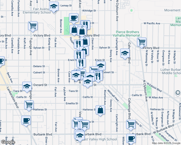map of restaurants, bars, coffee shops, grocery stores, and more near 6058 Craner Avenue in Los Angeles
