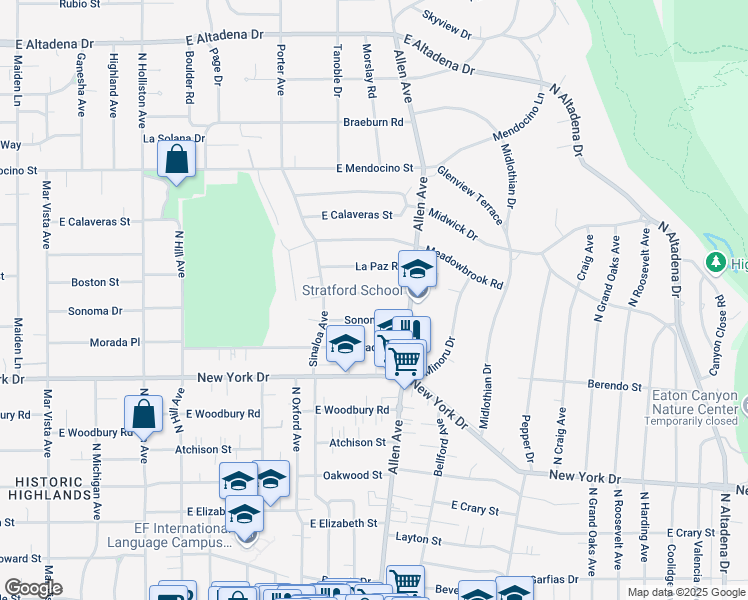 map of restaurants, bars, coffee shops, grocery stores, and more near 1806 Vistillas Road in Altadena