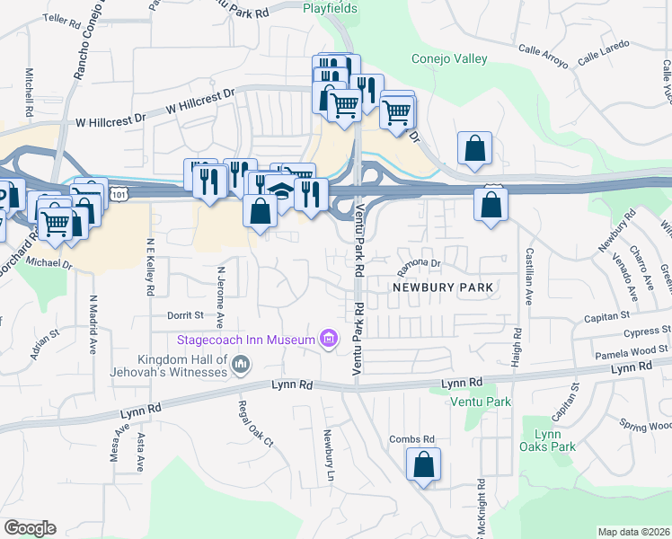 map of restaurants, bars, coffee shops, grocery stores, and more near 1574 Silver Shadow Drive in Thousand Oaks